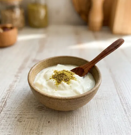 حوه ترکیب پودر لاغری هلین با ماست کم‌چرب و عرق گیاهی در یک قاشق