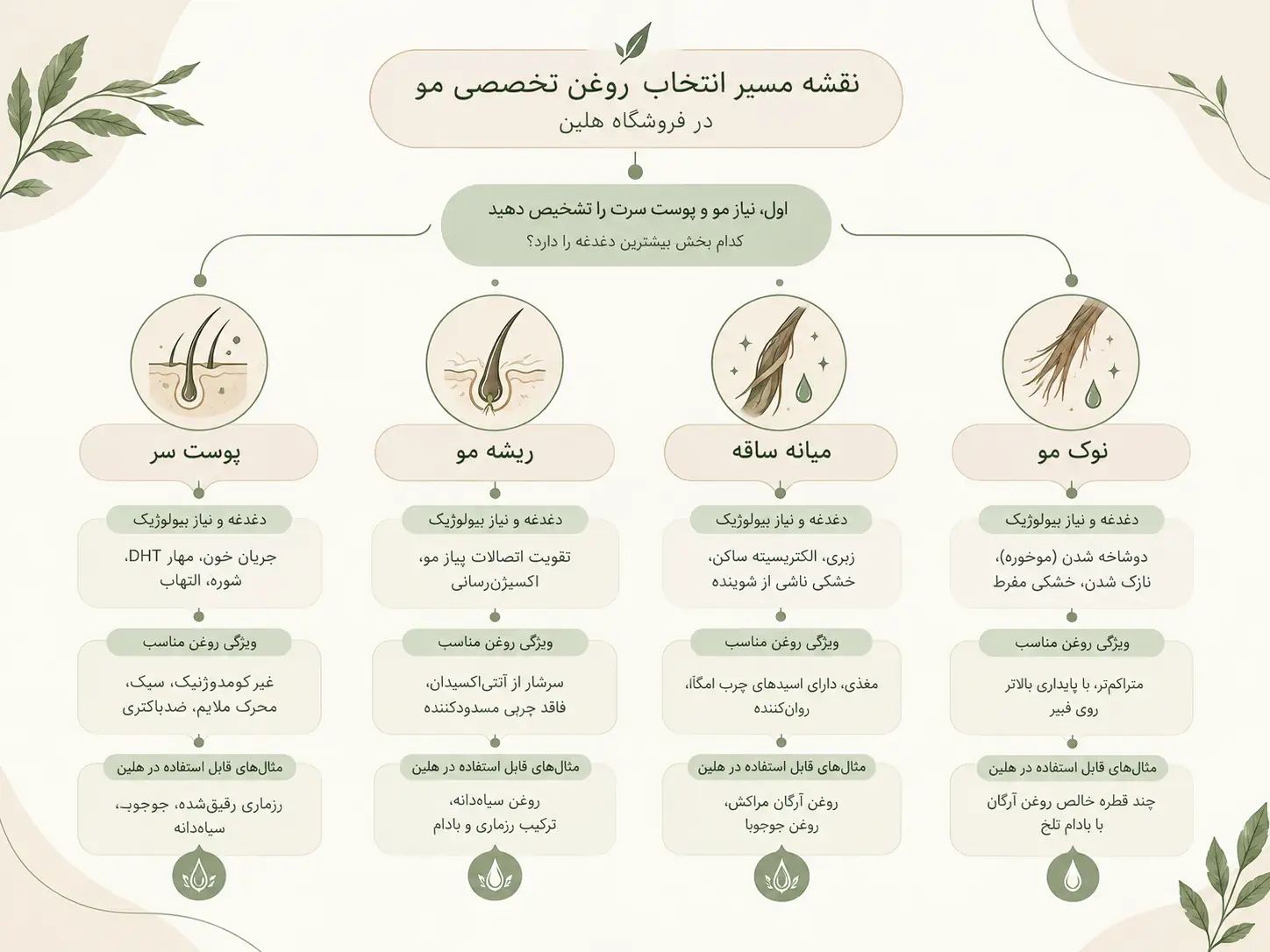 نقشه مسیر انتخاب روغن تخصصی مو در فروشگاه هلین