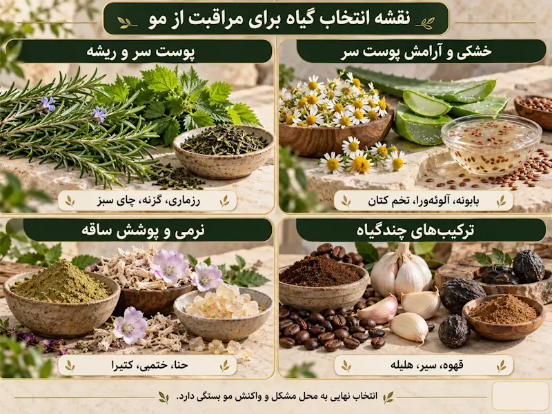 دسته‌بندی گیاهان مناسب پوست سر، خشکی و ساقه مو
